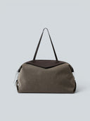 Reco Morph Boston (M) medium bag in moss grey cotton-linen canvas with dark brown leather trim and straps.