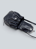 Reco Clam Shell crossbody bag in cyan blue oil-waxed cowhide with kiss-lock clasp and natural pleats.