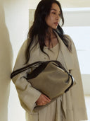 Reco Morph Boston (M) bag in Moss Grey, a versatile cotton-linen canvas bag with leather trim, transformable between Boston and hobo styles.