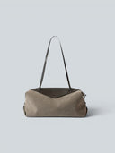 Reco Morph Boston (S) bag in moss grey cotton-linen canvas with dark brown leather trim and straps.