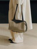 Reco Morph Boston (S) bag in moss grey cotton-linen canvas with dark brown leather trim and straps.