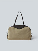 Reco Morph Boston (M) bag in moss grey cotton-linen canvas with dark brown leather trim and straps. Transforms between Boston and hobo styles.