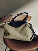 Reco Morph Boston (M) medium bag in moss grey cotton-linen canvas with dark brown leather trim. Transforms between Boston and hobo styles.