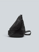 Reco Pottery Jar crossbody bag in matte black leather with hand-stitched seams. Sculptural design.