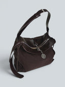 Reco Wander (L) espresso brown textured hobo bag with leather trim and compass charm, fits 16-inch laptop.